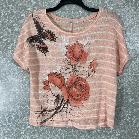 Papaya Peach Striped Flower Butterfly Loose Knit Top - Size Medium - Rhinestones - Picture 1 of 7